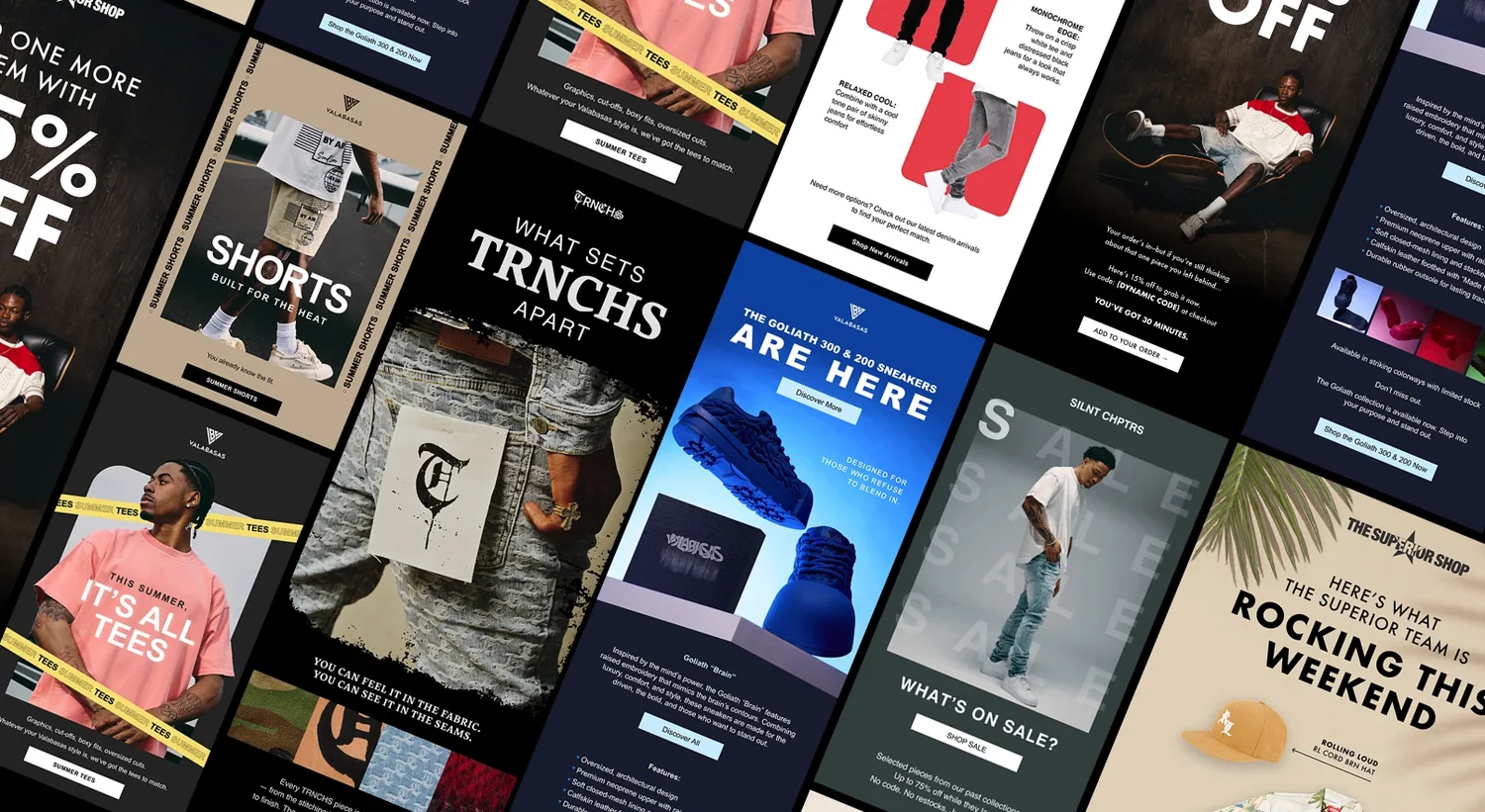 Rows of promotional email designs for a streetwear brand
