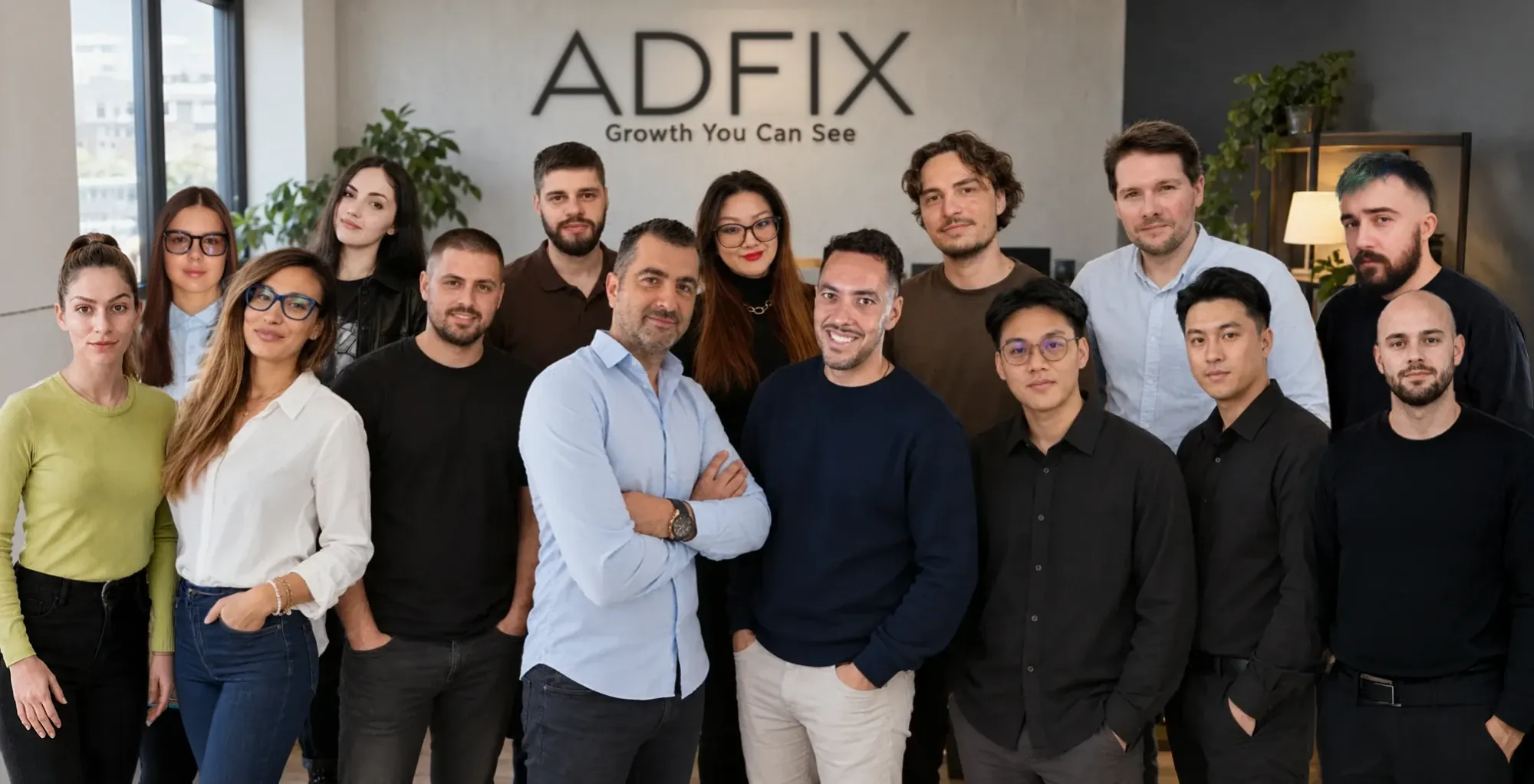 The whole ADFIX team together in the office, in front of the ADFIX sign
